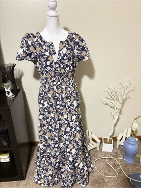 Cynthia Rowley Navy Floral Maxi Dress with Beige and White Print